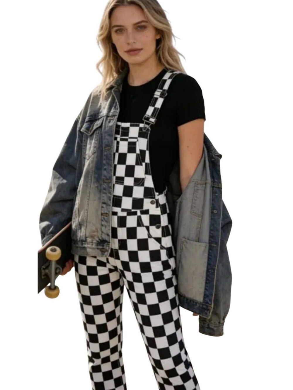 ODEFOU Women's Black & White Checkered Overalls